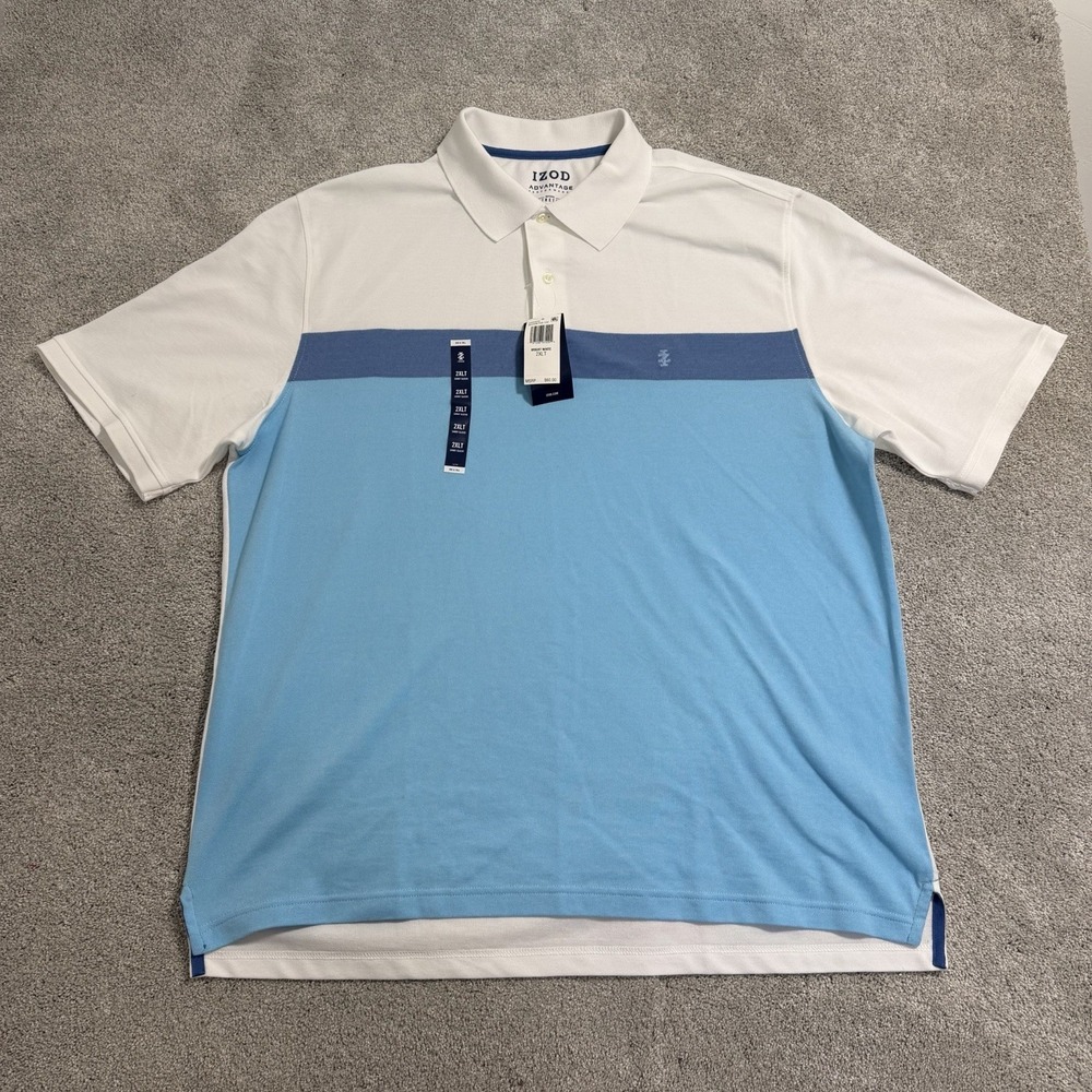 IZOD Polo Shirt Mens 2XLT Bright White Blue Golf Advantage Performance Stretch